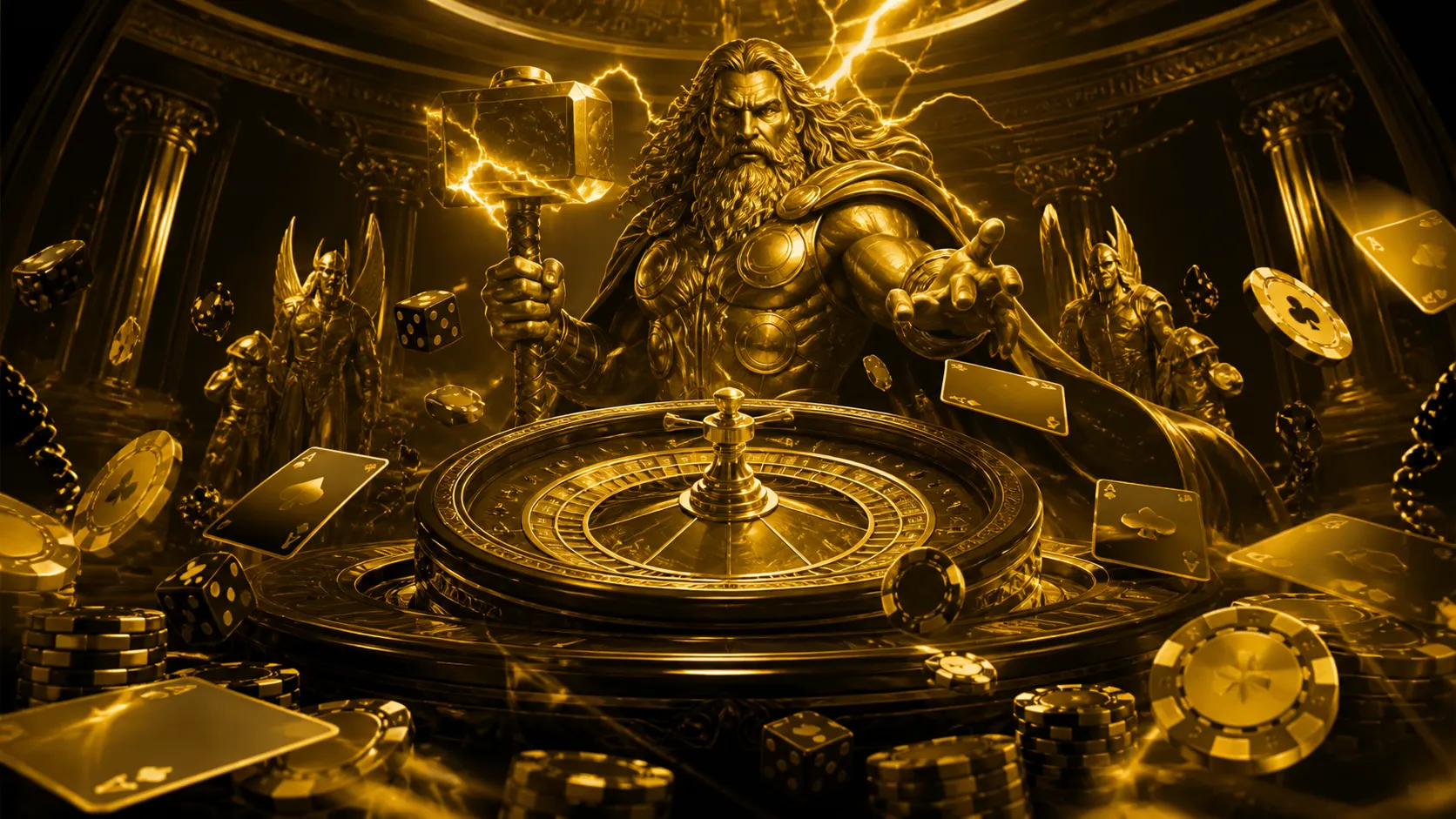 Luxurious casino-themed hero banner for Thorfortune with a striking combination of glossy poker chips, radiant playing cards,