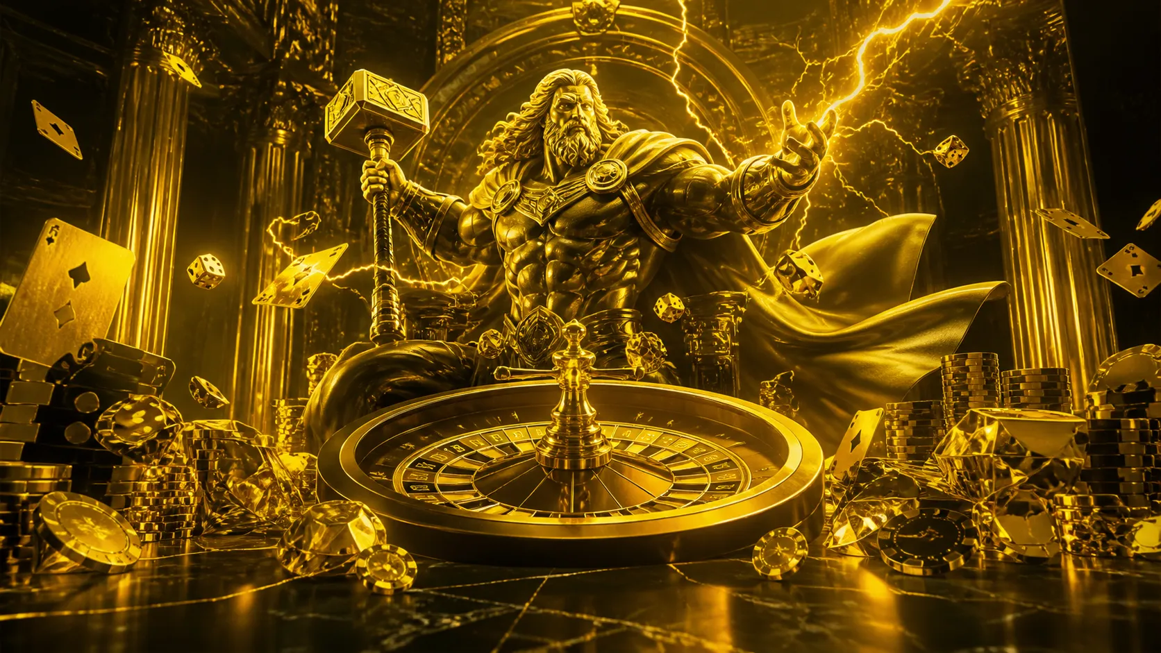 A neon cyberpunk-themed casino hero banner for Thorfortune, featuring glowing poker chips, dice, and a roulette wheel against